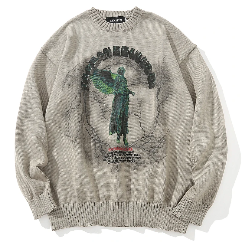 

Autumn New Men Hip Hop Knitted Jumper Sweaters Angel Lightning Print Streetwear Harajuku Chino Hipster Casual Pullovers Clothing