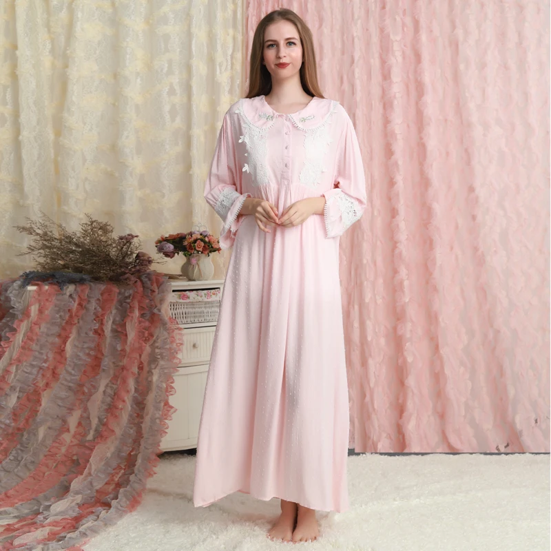 Женская ночная рубашка хлопковая розовая одежда для сна романтичная Осенняя