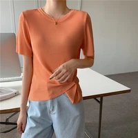 2021 summer womens round neck short sleeved t shirt base korean version slim fit comfortable thin casual knitted ladies tops