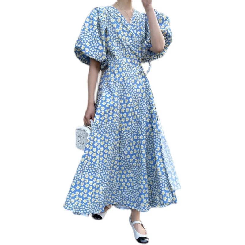 

Women Summer Casual High Waist Print Loose A-line Maxi Dress Vintage Lantern Sleeve Sexy V-neck Korean Long Dress Vestidos