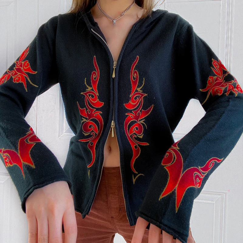 

IAMSURE Chinese Style Fire Printed Hoodies Vintage Casual Streetwear Zipper Fly Long Sleeve Coats Autumn Winter Tops Women 2021