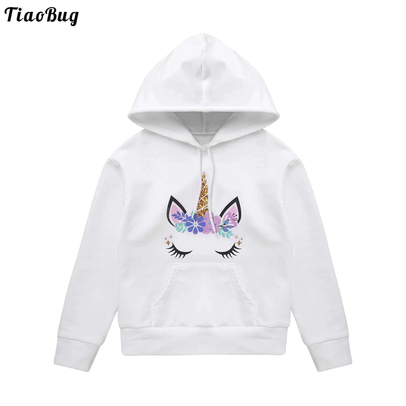 

TiaoBug Kids Girls Spring Autumn Clothes Long Sleeve Hoodie Style Adjustable Drawstring Cute Cartoon Print Pocket Front Top