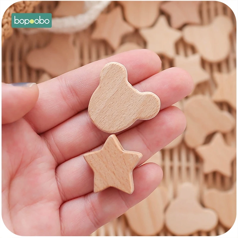 Bopoobo 10pc Beech Wooden Beads Teether Chewable Star Shape Beech Beads BPA Free Wood Teething Bead Baby Produuct DIY Crafts