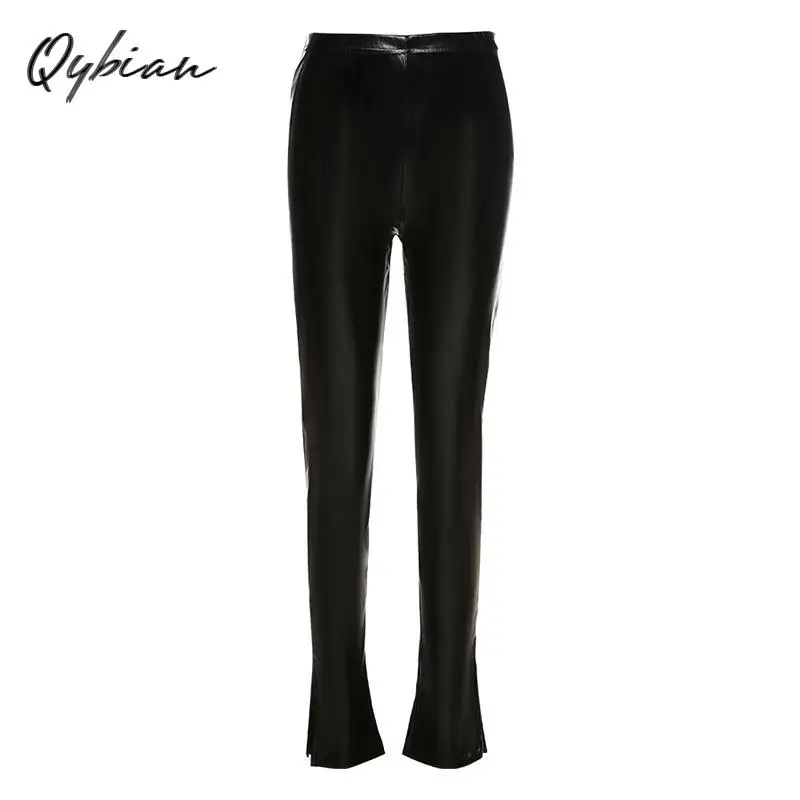 

2021 Women Clothing Spring New High Waist Leather Pu Stitching Pants Fashion Slim Leggings Office Pants Women Trousers