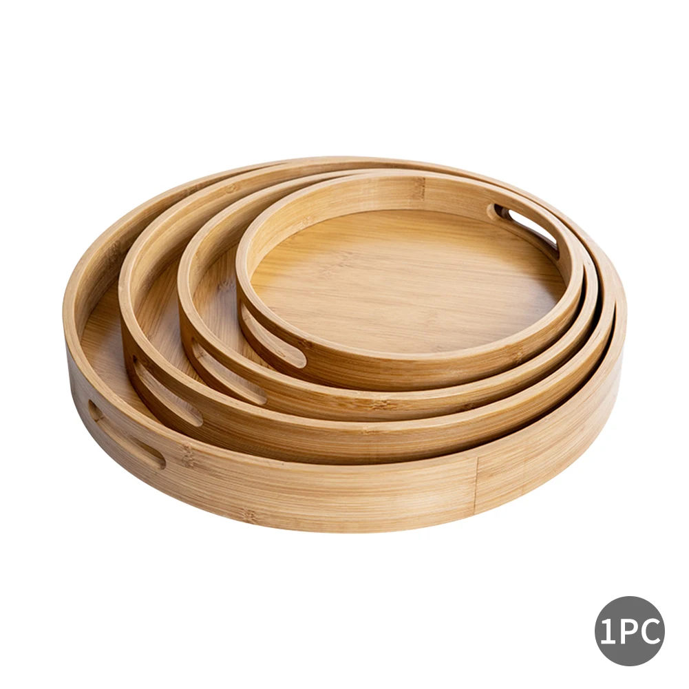 

Portable Serving Tray Bamboo Wood Natural Round Dining Banquet Party Raised Edge Tableware Dessert Bread Kitchen Food Storage
