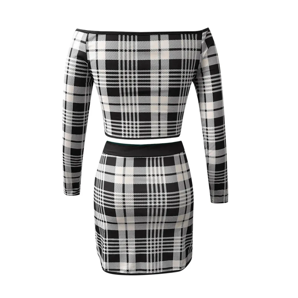 JAYCOSIN Women Plaid Printed Sexy Two Piece Set One Shoulder Long Sleeve Crop Top Skirt Matching Sets Club Outfits Spring 2020 |