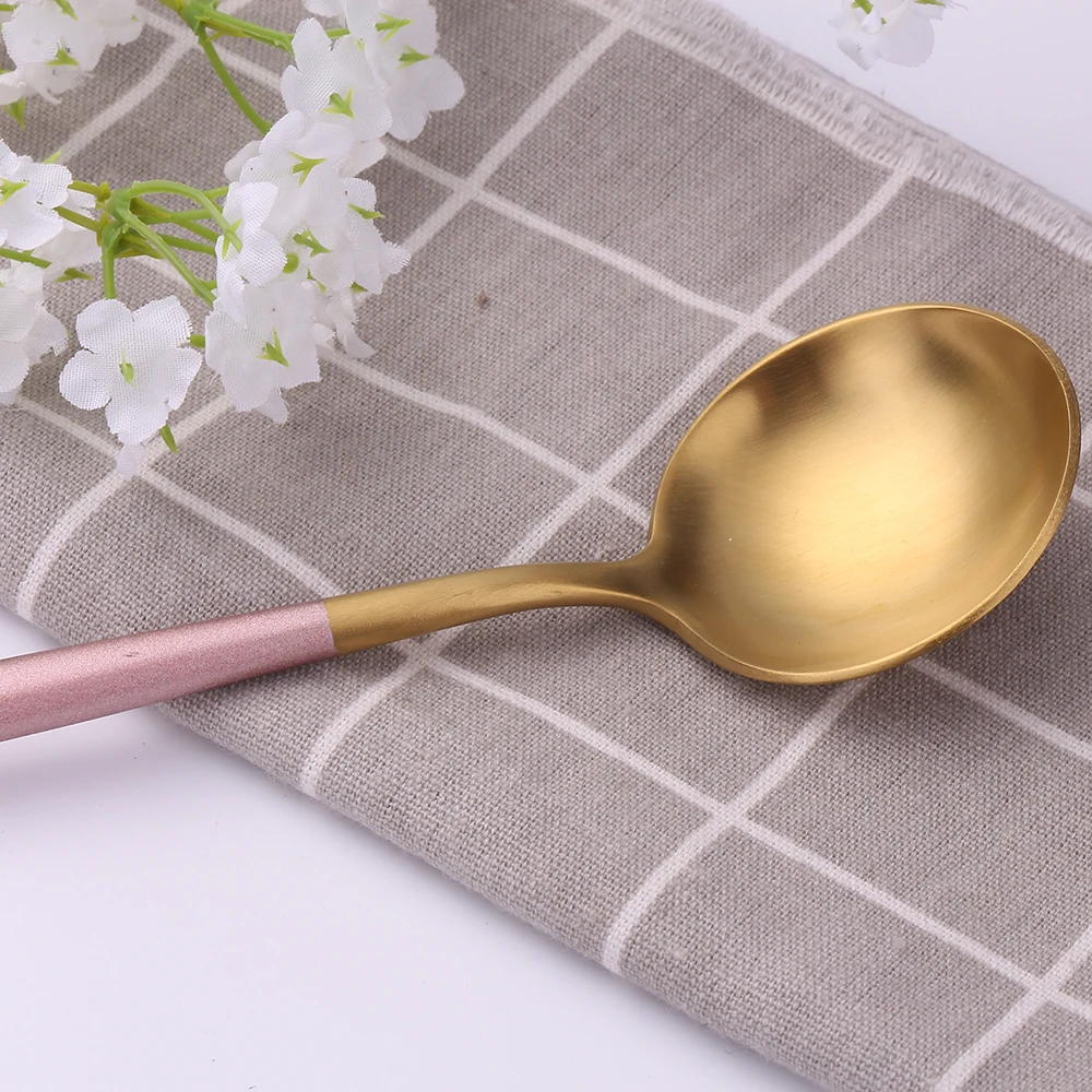 

Gold Dinnerware Matte Cutlery Set Stainless Steel Tableware with Pink Handle Fork Knife Spoon 24pcs Steel Complete Cutlery Set