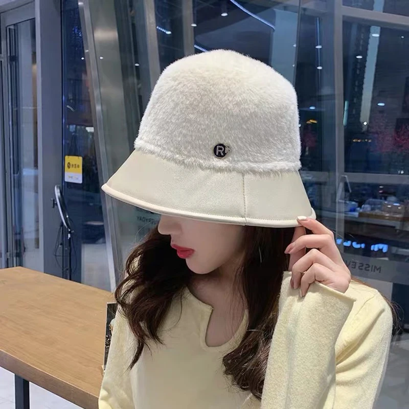 Fisherman hat female autumn and winter wild hat street face-lift small imitation mink warm British basin hat