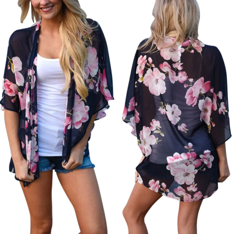 

Women Fashion Summer Blouse Ladies Vintage Floral Print Chiffon Kimono Cardigan See Through Casual Beach Shawl