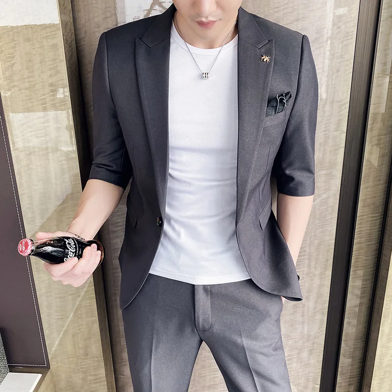 

New men's seven-quarter sleeve suit suit young slim British style sleeve suit two pieces