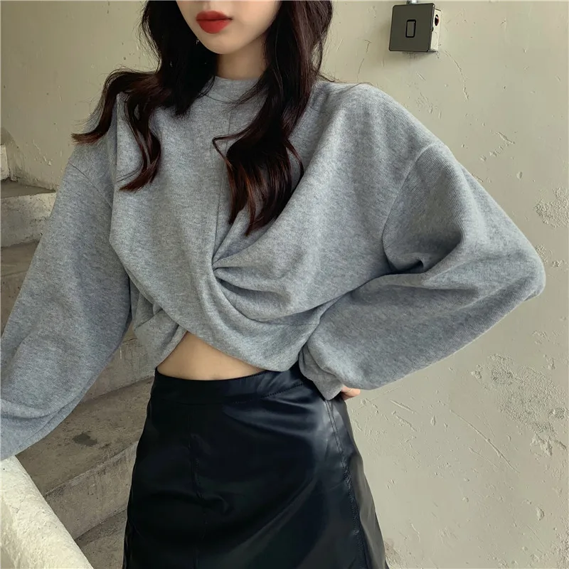 

Short Solid Color Sweater Women Loose 2021 Autumn New Thin Section Navel Long-Sleeved Design Fashion Top Ins Harajuku Hoodie