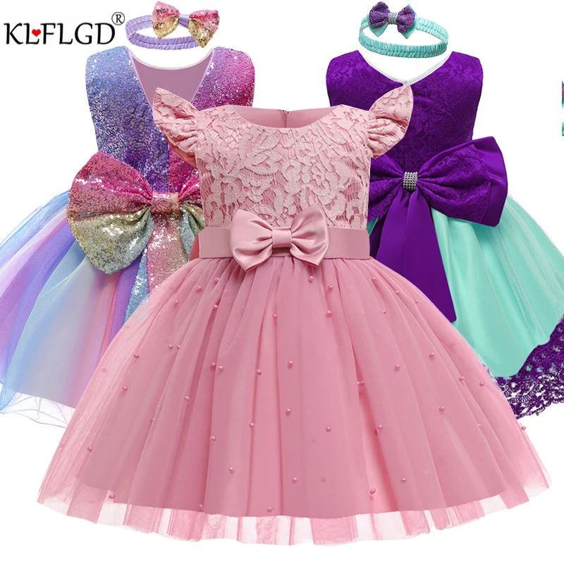 2021 Новое рождественское платье для девочек с бантом маленькой девочки блестками