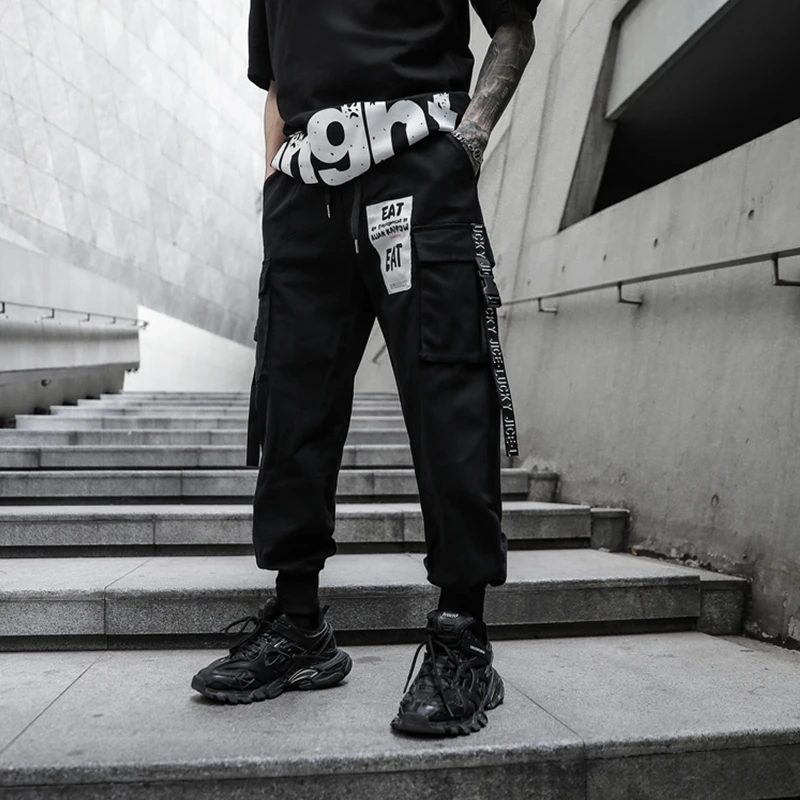 

Darkly Style Fashion Side Ribbons Men's Jogger Trousers Hip Hop 2021 Spring Autumn Casual Street Male Harem Pants Black