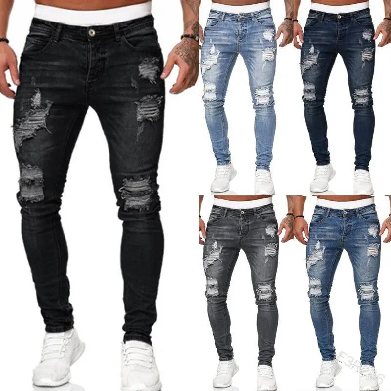 

Men's sports pants Sexy ripped jeans trousers Casual summer and autumn mentight trousers clothing Harajuku jeansMiddle waist