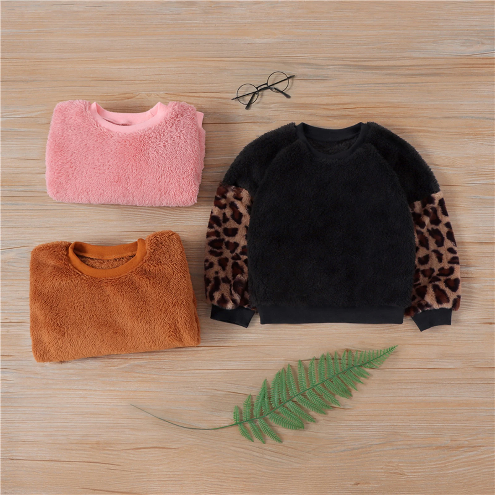 

2-7 Years Infant Baby Girls Boys Fuzzy Warm Patchwork Leopard Tops Sweater Autumn Winter Warm Sweatshirts