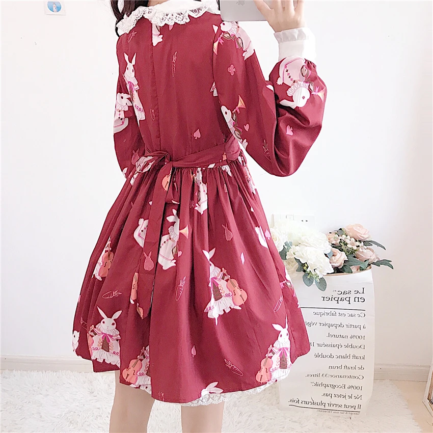 

Fashion Lolita Clothes Sweet Rabbit Printed Daily Female Kawaii Dress Himekaji Dulces Japoneses Cosplay White Lolita Dress 1651