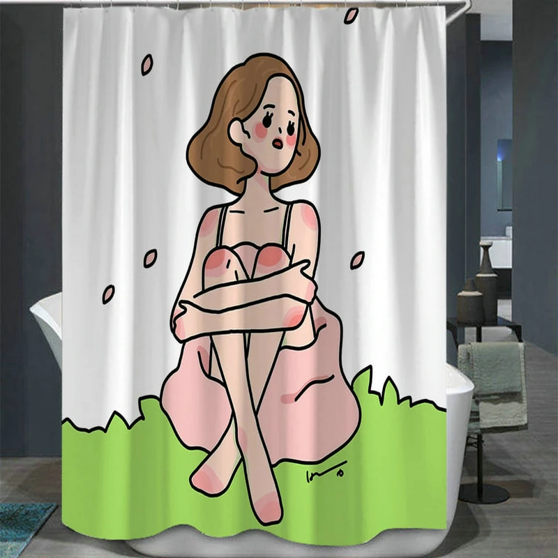 

Peach Girl and Bunny Illustration Shower Curtain Set with 12 Hooks Bathroom Decoration Waterproof Polyester