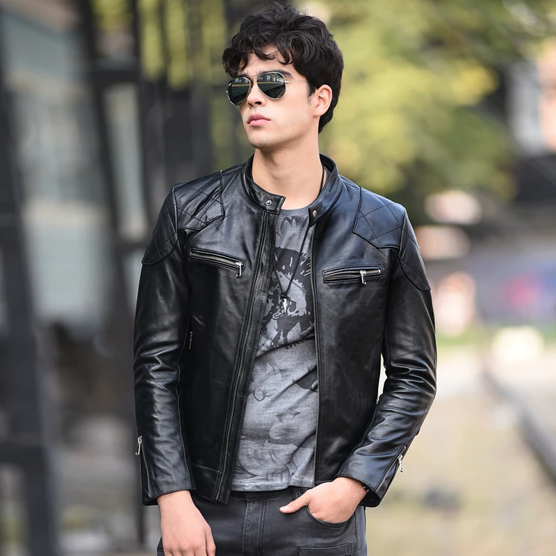 

Classic cyclist leather jacket fashion men's leather coat high quality soft slim-fit sheepskin clothes