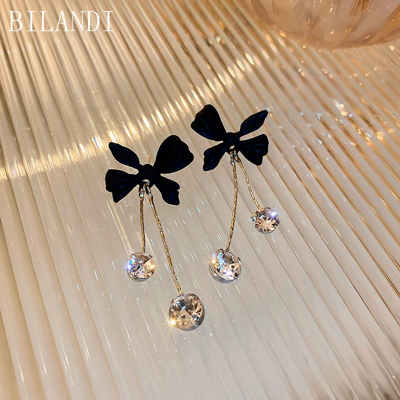

Bilandi S925 needle Elegant Jewelry Black Bow Earrings Pretty Design Shiny Crystal Drop Earrings For Women Gifts Drop Shipping