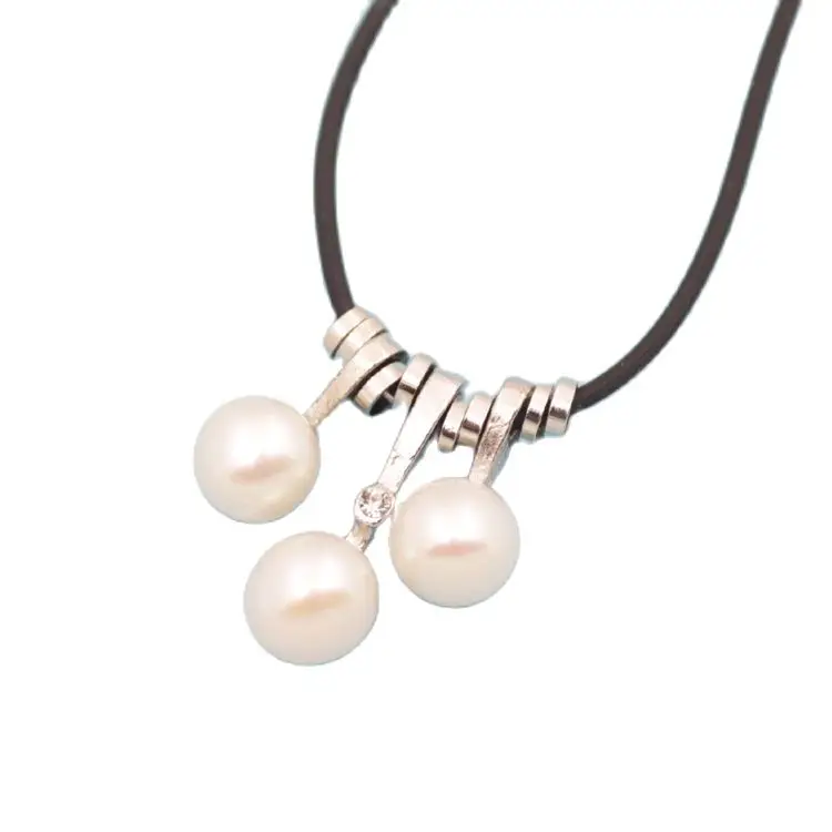 

1PCS Natural White Button Pearl Black Rope 3Beads Pendant Necklace 18"
