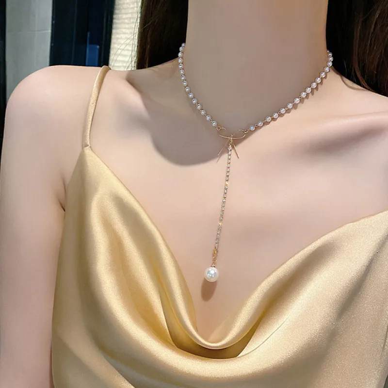 Simple Bowknot Pearl Pendant Multilayer Necklace Clavicle Chain for Women New Fashion Jewelry Accessories Gifts