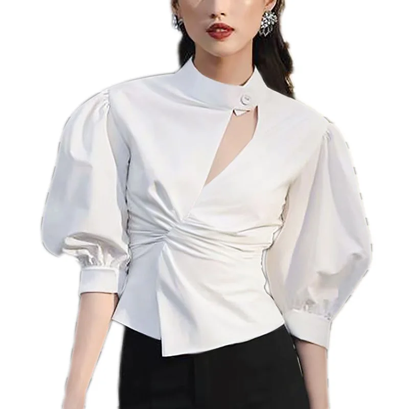 

[DEAT] 2021 new spring summer fashion women shirt round neck single button hollow out bust lantern short sleeves cotton WP62700