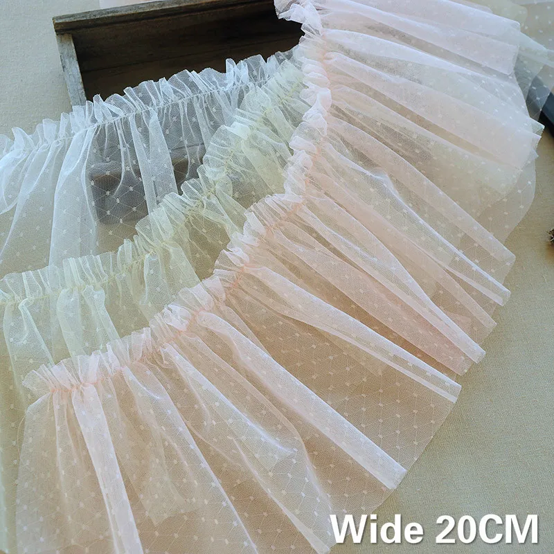

20CM Wide Luxury Diamond Polka Dot Pleated Lace Fabric Ruffle Trim Ribbon Wedding Veil Girls Skirts DIY Sewing Decorative Lace