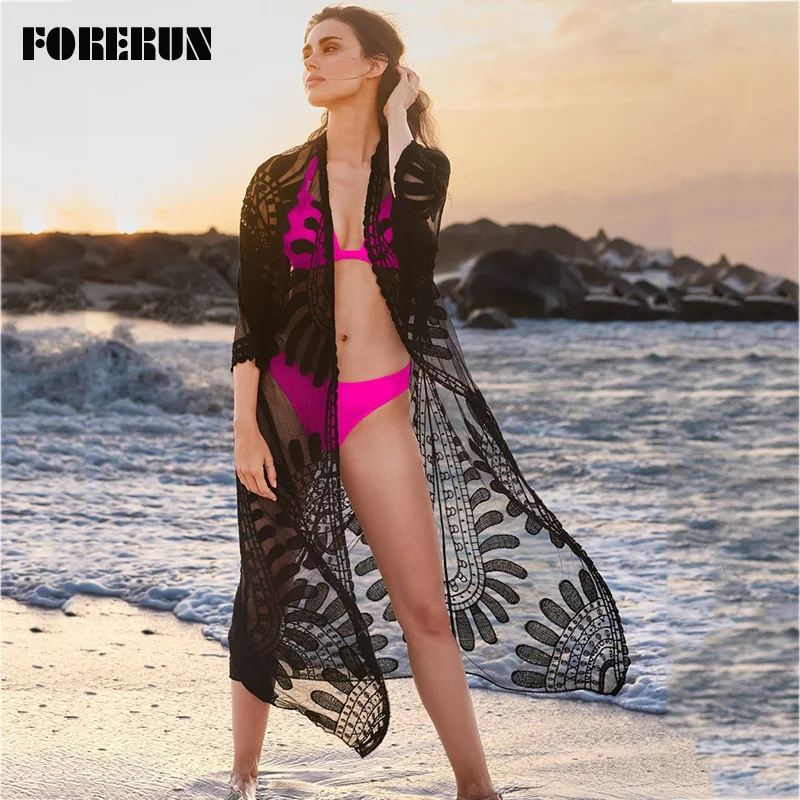 FORERUN кружевная накидка женское белое пляжное платье прозрачные летние платья с