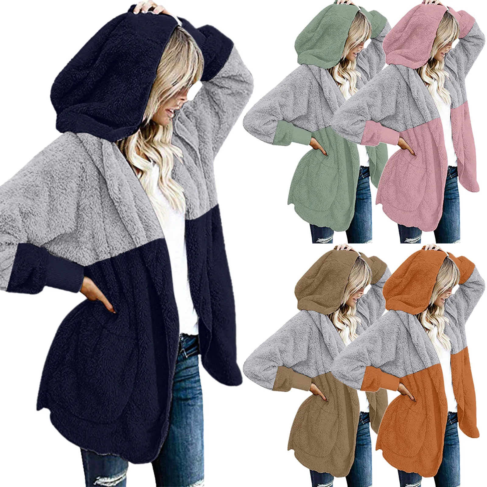 

Nice Winter Pop Women's Jacket Casual Fuzzy Fleece Cardigan Coat Vogue Stitching Ladies Clothes Hooded Coat Cashmere Women