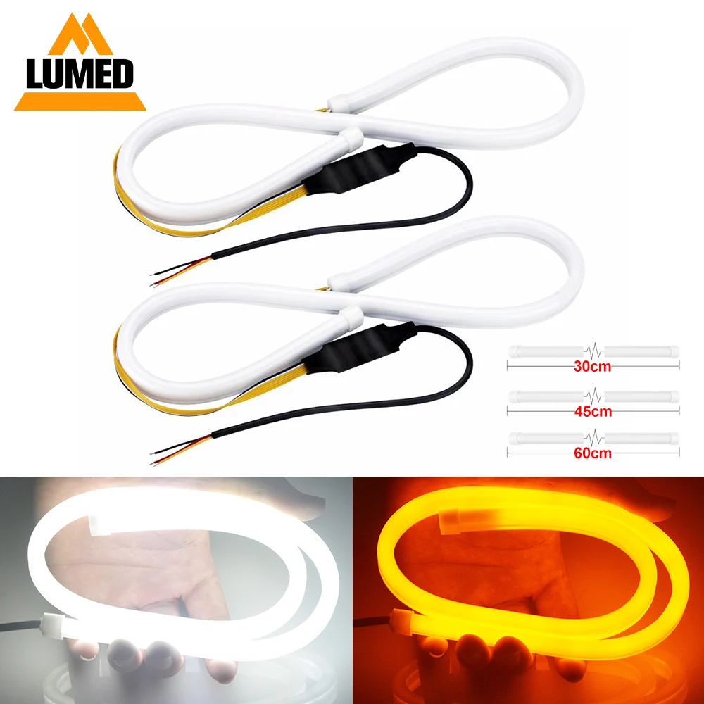 

Гибкая дневная светодиодный ная лампа DRL, лампа дневного света для мотоцикла, с желтым и белым светом указателя поворота, 30 см, 45 см, 60 см