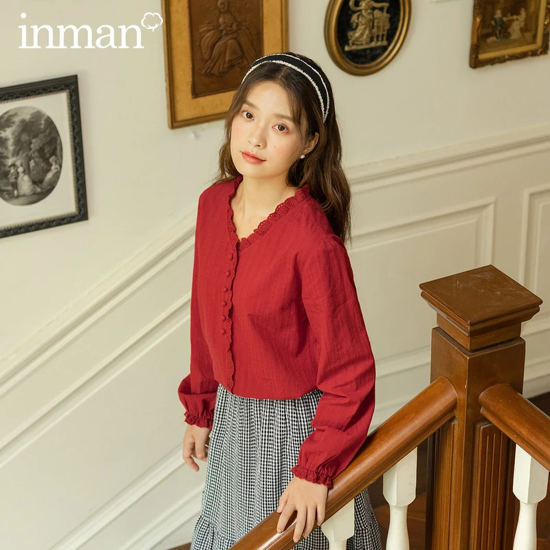 INMAN весенне-осенняя Милая кружевная блузка в стиле ретро с v-образным вырезом и