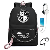 the umbrella academy usb backpack women men teenager school bag women usb travel rucksack large mochila escolar with chain