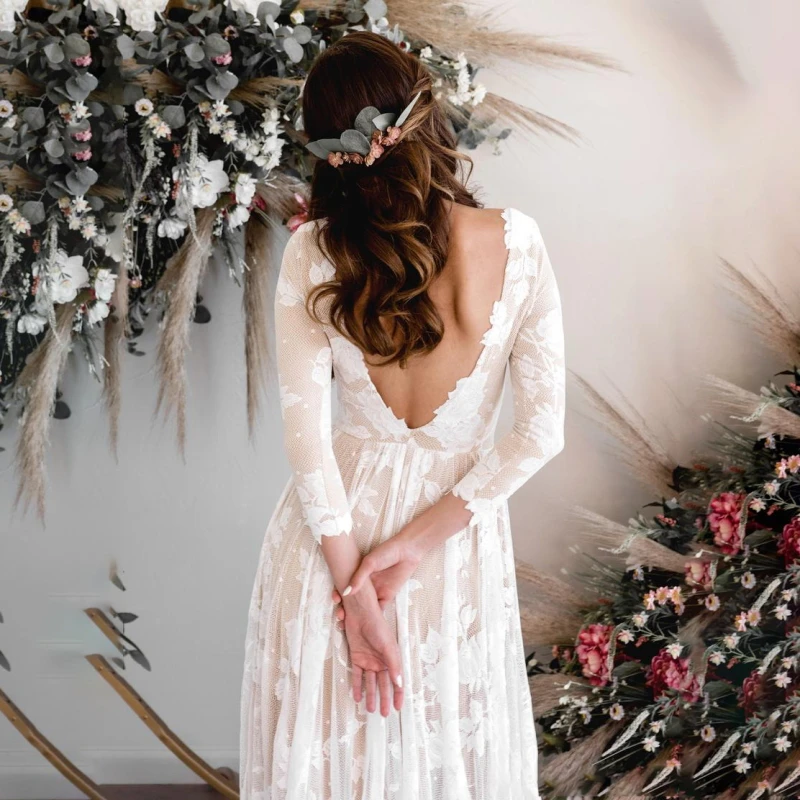

2021 Vintage Wedding Dresses Sexy Backless 3/4 Long Sleeves Lace Boho Beach Bridal Dress Champagne Bohemian Wedding Gowns