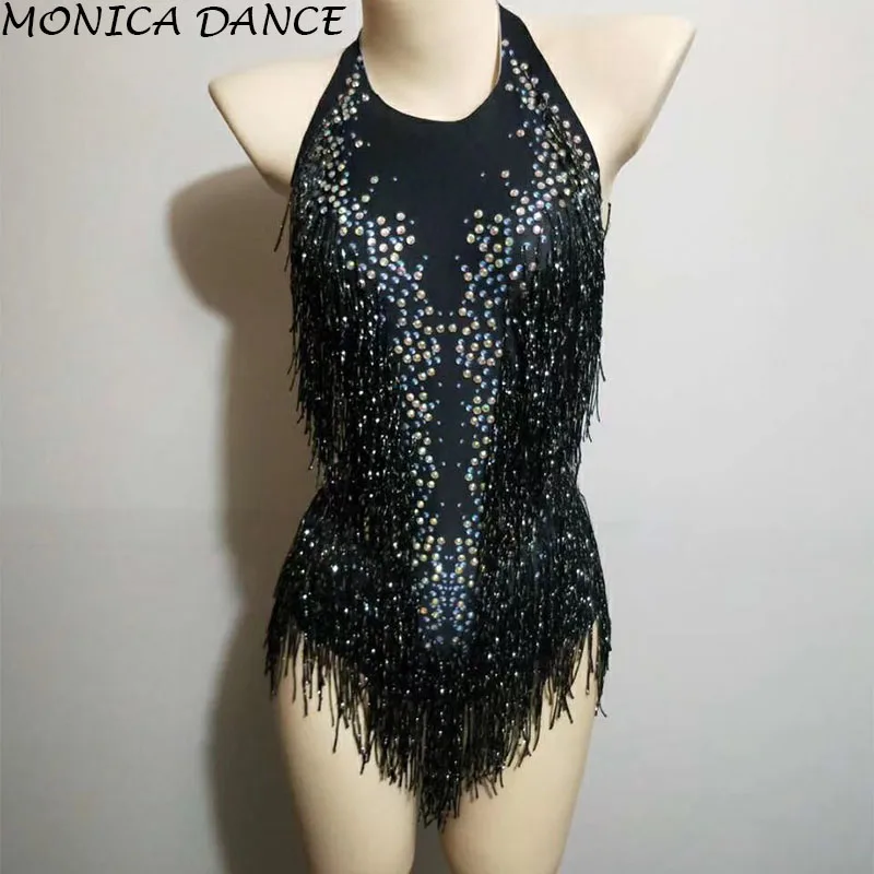 Sexy Purple Red Black Rhinestones Tassel Bodysuit Dance Show One-piece Sexy Women's Performance Leotard Female Singer Costumes