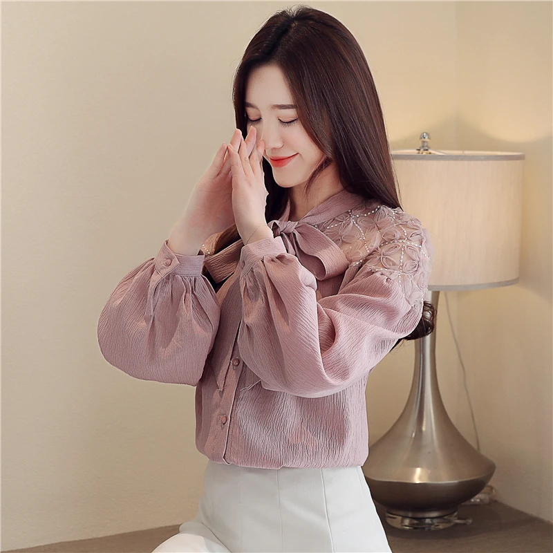 Корейская мода кружева шифон женская блузка Осень Розовый женские рубашки плюс