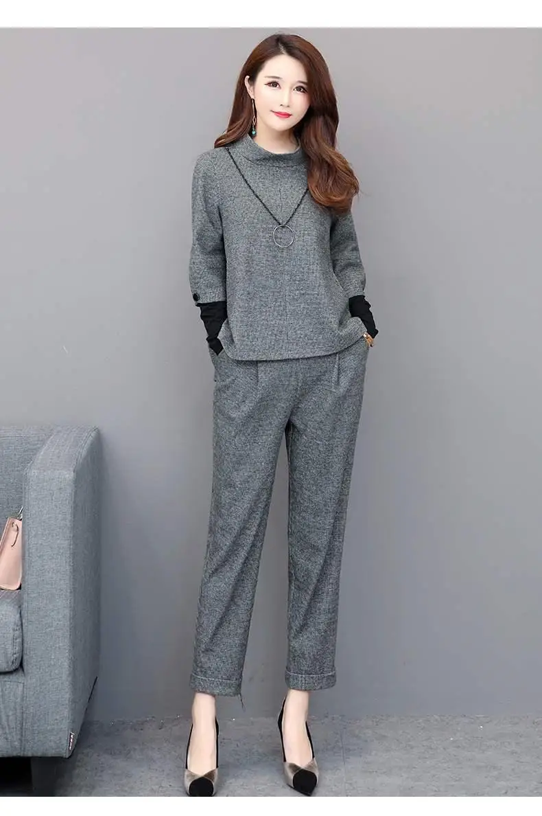 L-4xl, серый, два предмета, комплекты, наряды для женщин, плюс размер, длинный рукав, топы и штаны, костюмы для офиса, элегантные, модные комплекты из 2 предметов - Цвет: light grey