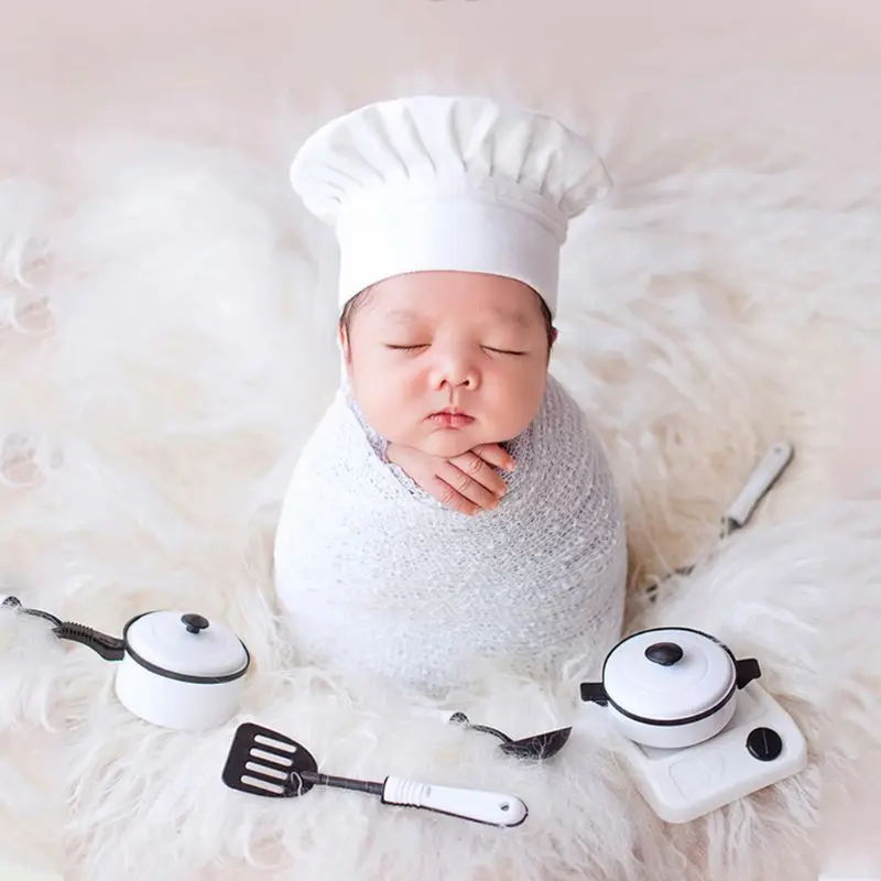 Accesorios de fotograf&iacute;a para beb&eacute;s, sombrero de Chef peque&ntilde;o, envoltura el&aacute;stica blanca, accesorios creativos para cocineros, accesorios de fotograf&iacute;a para reci&eacute;n nacidos L41D-3