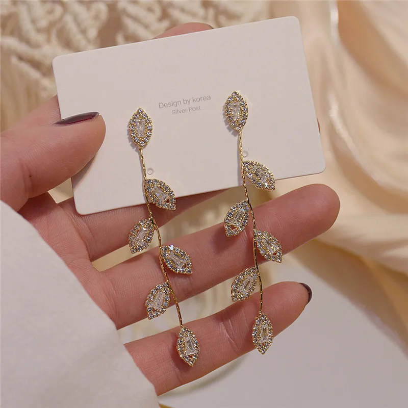 

Ins Hot Sale Luxury 14K Real Gold Long Tassel Leaves Stud Earrings for Women Cubic Zircon ZC Birthday Gift Earrings