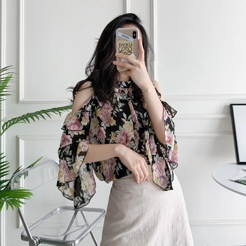 

Women Tops Summer New Ruffle Sleeve OL Chiffon Shirt Women Off-Shoulder Pullover Floral Loose Blouse Women Blusas Mujer De Moda