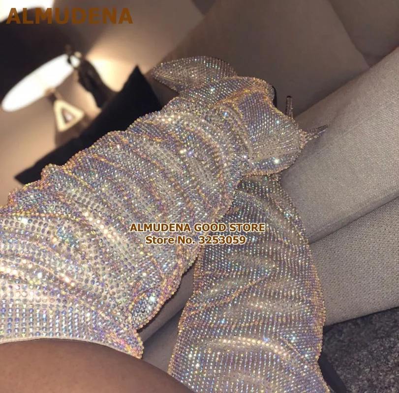 ALMUDENA/Настоящая фотография; роскошные высокие сапоги до бедра с блестящими кристаллами; сверкающие Высокие Сапоги выше колена на шпильке; Свадебная обувь