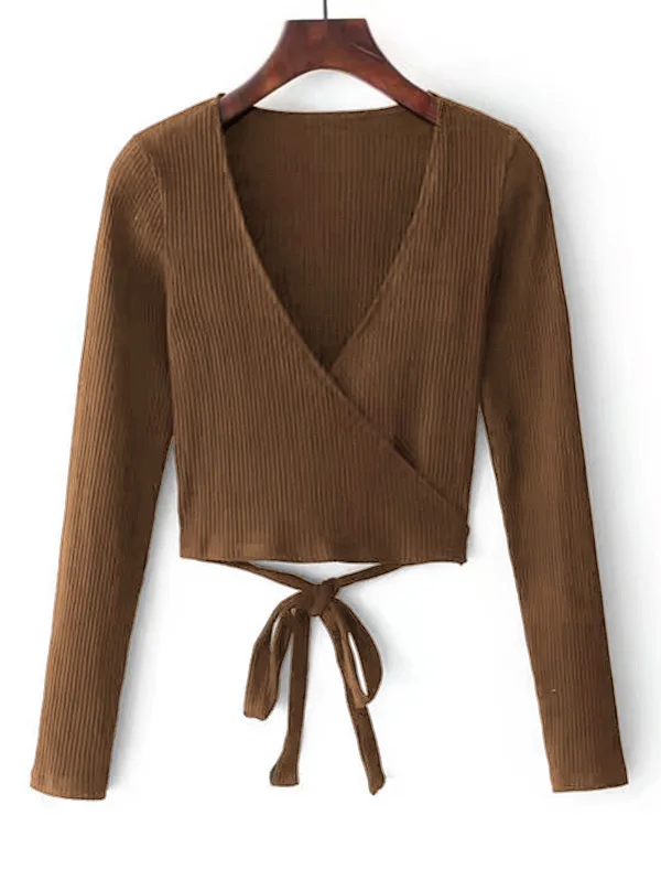 ZAFUL трикотажный ребристый топ с запахом женский v образным вырезом однотонный