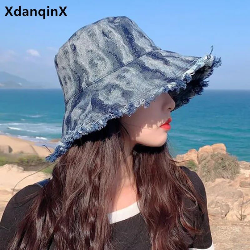 

XdanqinX New Summer Women's Panama Bucket Hat Washed Denim Frayed Burrs Casual Beach Hats Elegant Personality Fashion Female Hat