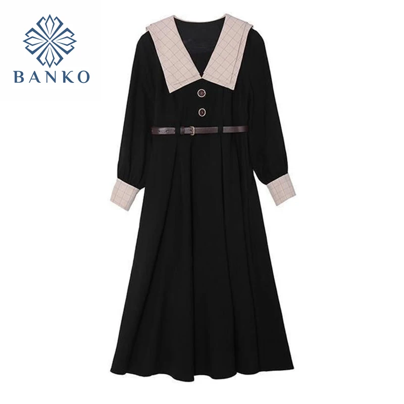 

French Style Vintage Long Sleeve Elegant Dress Women 2021 Korean Autumn New Slim-Waist Lapel Casual Midi Dress With Belt Female