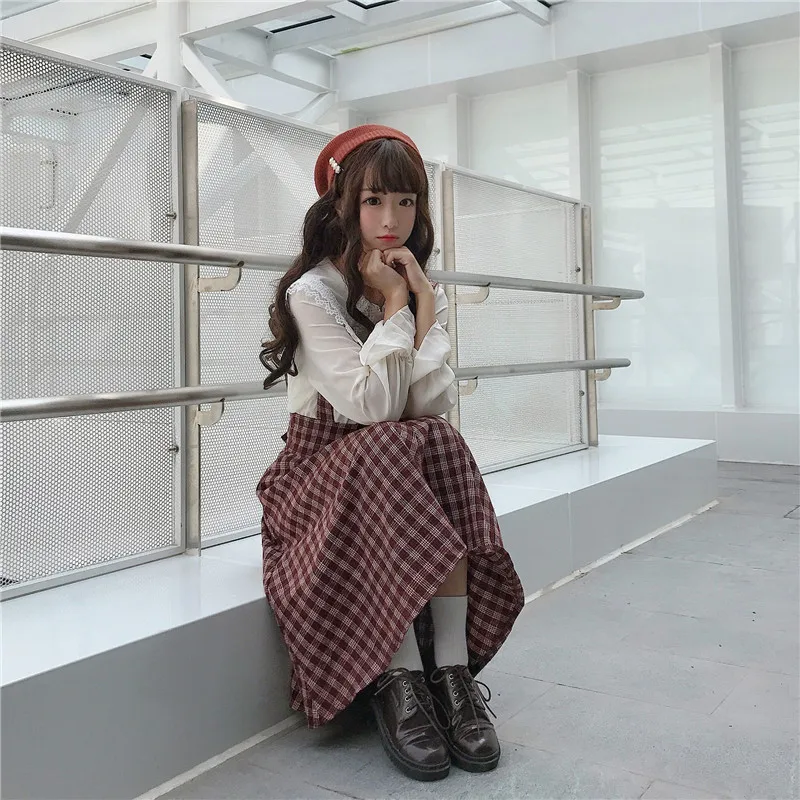 Himifashion Harajuku, женская модная клетчатая юбка на бретелях, бальное платье с высокой талией, юбка с оборками, повседневная шерстяная элегантная клетчатая Женская юбка