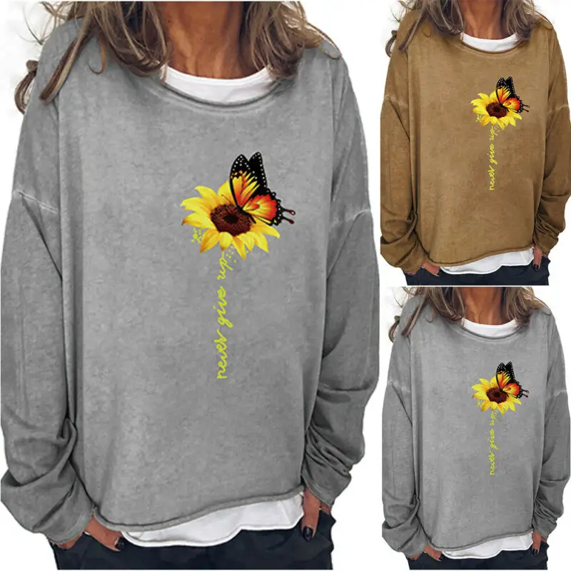 

Женские подсолнечника с длинными рукавами и с принтом «бабочки» Футболка женская Повседневная мешковатые Блузка Топы