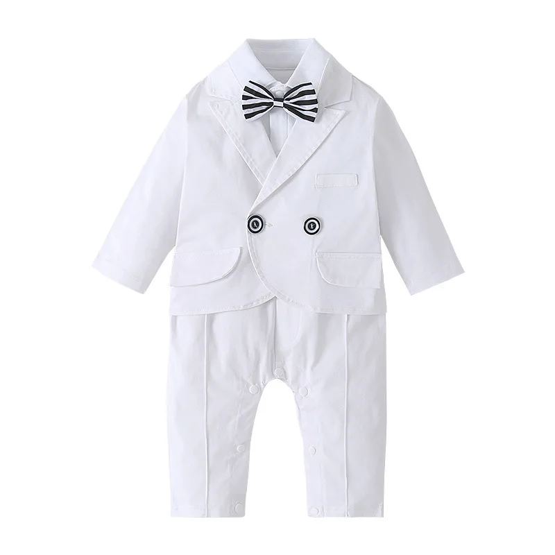 

Baby Boys White Bow Tie Clothes Suits Kids Autumn Long Sleeve England Jumpsuit+Tops Coat Boys 1 Years Baptism Gentleman Clothing