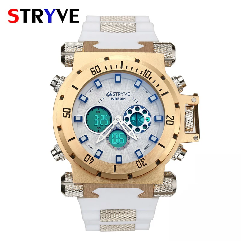 White Gold Модные мужские военные спортивные часы, мужские s светодиодный цифровой водонепроницаемый кварцевые часы, мужские часы с большим циферблатом и двойным дисплеем, мужские часы - Цвет: White Gold