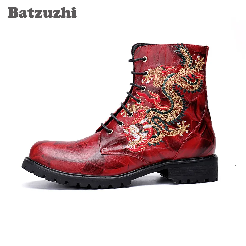 Batzuzhi Cool Boots Men Lace-up Genuine Leather Ankle Motorcycle Biker Combat Botas Hombre Black or Big Size 46