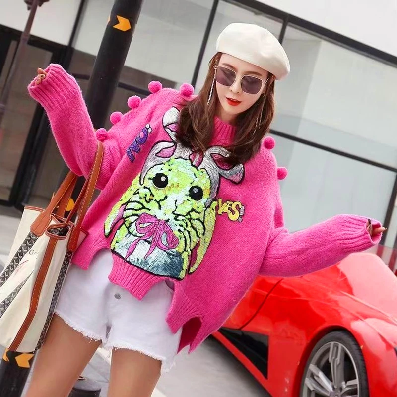 

Новинка Зима 2021, модный брендовый пуловер в тяжелой промышленности с блестками и круглым вырезом и длинными рукавами, свитер, Женский вязан...