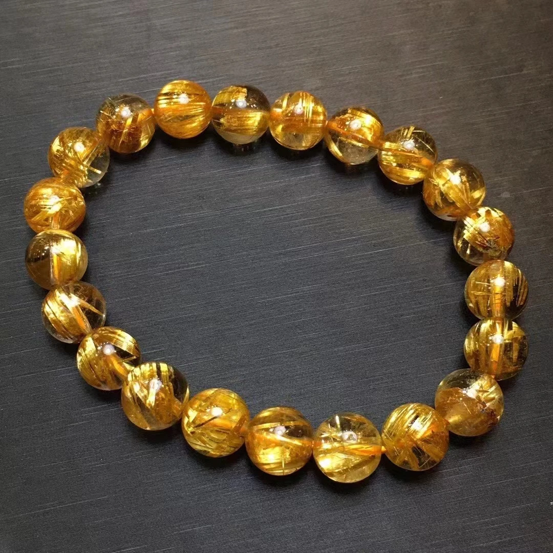 

Brazil Natural Gold Rutilated Quartz Clear Round Beads Bracelet 8.8mm Women Men Fashion Big Size Bead Wealthy Stone AAAAAAA